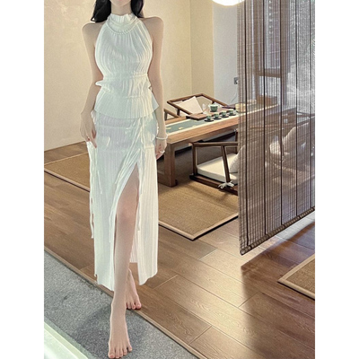taobao agent Hanging neck revealing senior celebrity famous famous famous Korean gently top two -piece long half -body skirt set female 2022 new