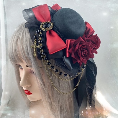 taobao agent Free shipping Gothlolta Black Hat Dark Diablo Blossom Pills Mandarin Hair Dark Red Rose hair accessories