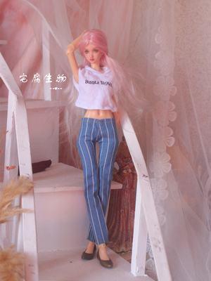 taobao agent White letters bat sleeve vest/blue stripe long trousers FR supermodel ST Barbby Kissmela doll suit