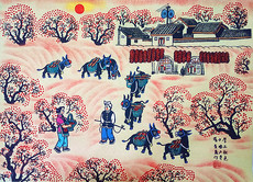 Рисунки акварелью и гуашью 秋色高原陕北窑洞毛驴农村农家乐院张青义户县农民画尺寸52x38cm
