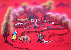 Рисунки акварелью и гуашью 家园农村生活男耕女织酒店饭店装饰张青义户县农民画尺寸52x38cm