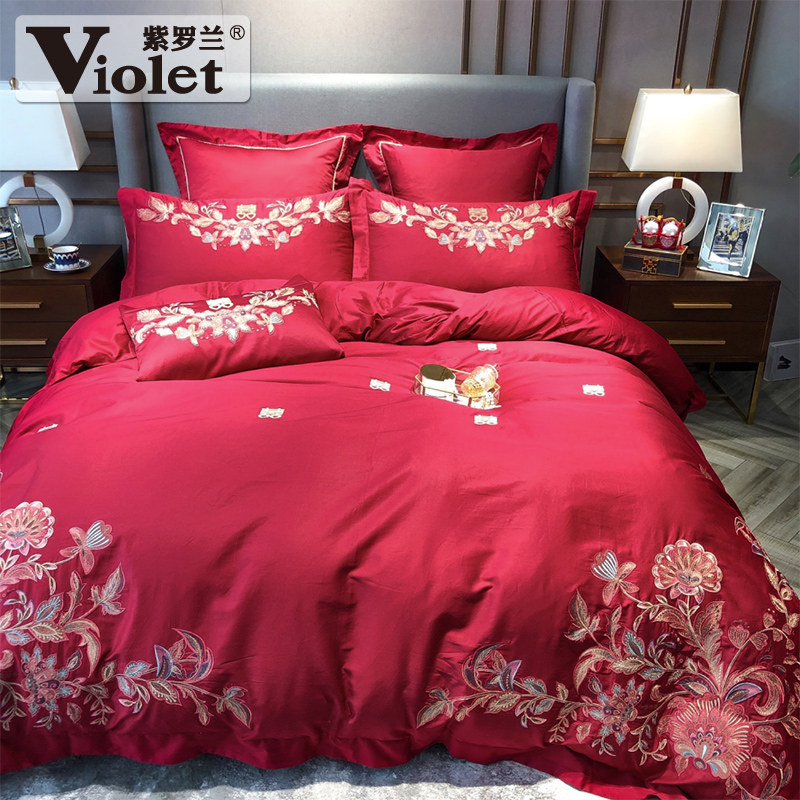 violet cotton high-density color cloth and red wedding embroidery four-piece set chinese festive wedding six-piece set ten-piece set