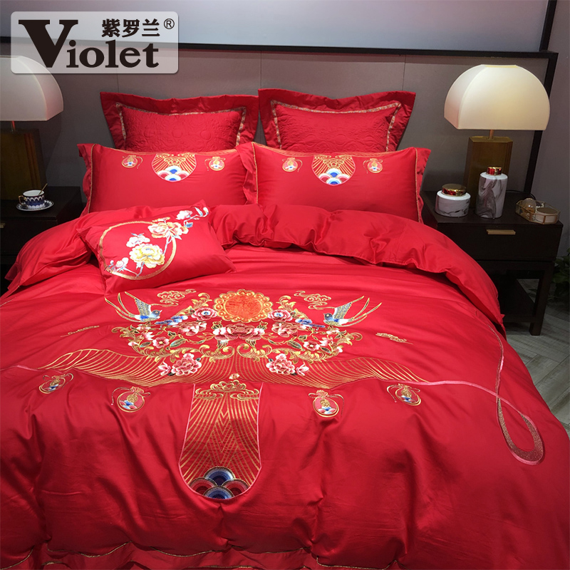 violet cotton high-density color cloth and red wedding embroidery four-piece set chinese festive wedding six-piece set ten-piece set