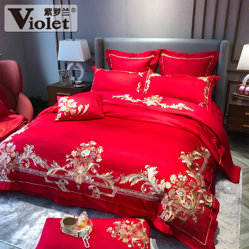 violet cotton high-density color cloth and red wedding embroidery four-piece set chinese festive wedding six-piece set ten-piece set