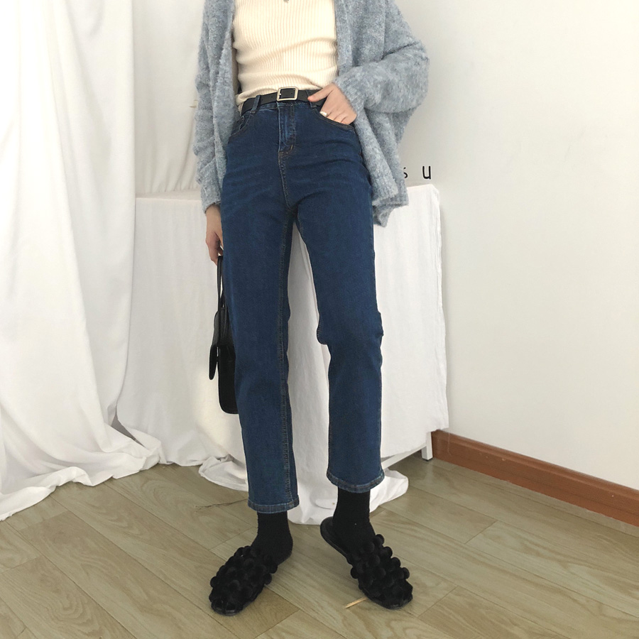 yesroom自制秋季新款韩版中腰百搭基础款深蓝色直筒九分牛仔裤