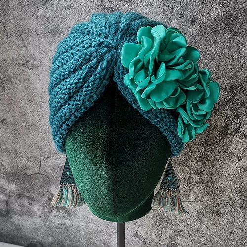 Демисезонная эластичная комфортная шерстяная ретро вязаная шапка, удерживающий тепло шарф, в цветочек