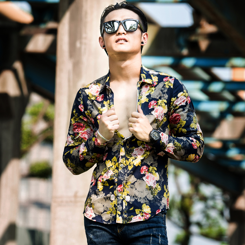 花衬衫男长袖帅气花哨个性印花图案潮流大码衬衣秋装新款修身外穿