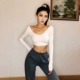 ins triều jazz cổ thấp sexy siêu ngắn bó sát T-shirt của phụ nữ cạp cao crop top dài tay áo sơ mi đáy - Áo phông