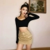 ins triều jazz cổ thấp sexy siêu ngắn bó sát T-shirt của phụ nữ cạp cao crop top dài tay áo sơ mi đáy - Áo phông Áo phông