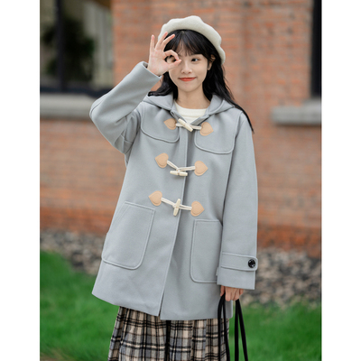 taobao agent Long demi-season fresh Japanese school skirt, woolen coat with hood, mid-length, suitable for teen