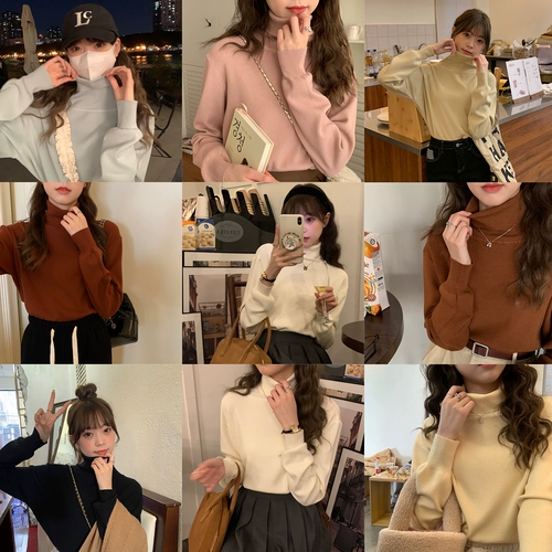 Трикотажный весенний свитер, дизайнерский лонгслив, высокий воротник, в корейском стиле, тренд сезона