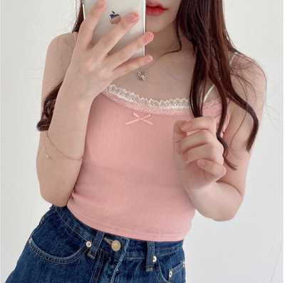 taobao agent Lace short T-shirt, colored bra top, for girls, lace dress