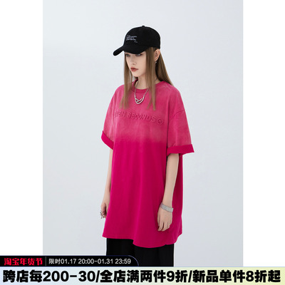 taobao agent Tide, fuchsia design summer T-shirt, gradient, with short sleeve, trend of season, American style