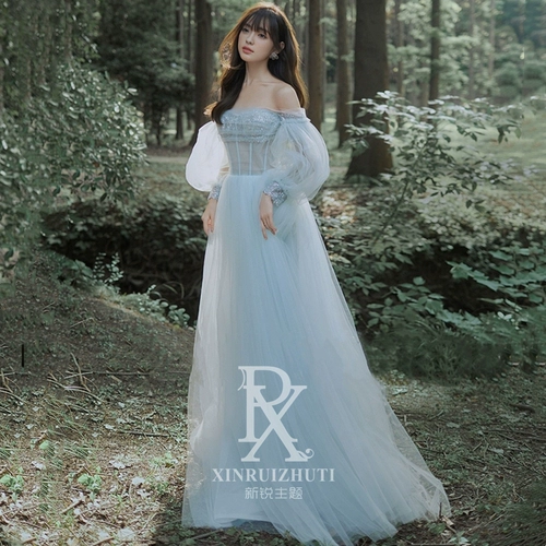 Новая тема для фотостудии, красочная марлевая одежда, свадебная фотография, фото пары, синее платье феи на одно плечо