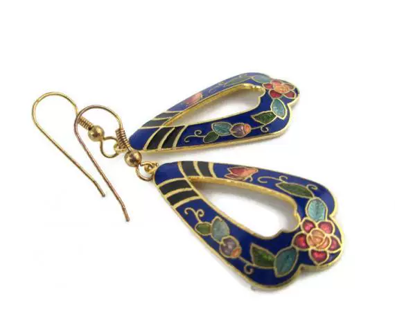Американская покупка синий ◇ Древняя сирота Ретро 70-х Вечерний синий Cloisonne_blue цветок бабочка серьги