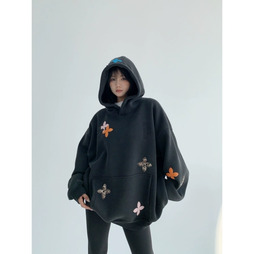 Утепленная куртка, короткий комплект, толстовка с капюшоном, осенняя, оверсайз, с вышивкой