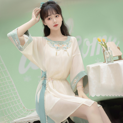 taobao agent Original Qing Ping Le Ming system mid -length thin round neck robe with hanging bands of Hanfu women daily improvement elements two pieces