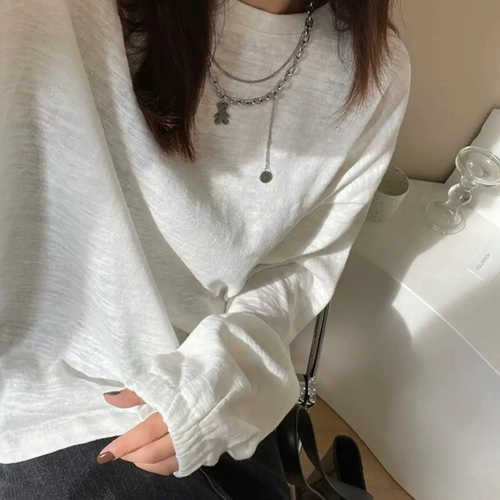 Осенняя бамбуковая хлопковая футболка, лонгслив, тонкая белая базовая толстовка, 2023, свободный крой