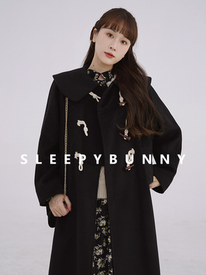 taobao agent Sleepy Rabbit age-reducing large lapel college style solid color coat winter loose horn button long woolen coat