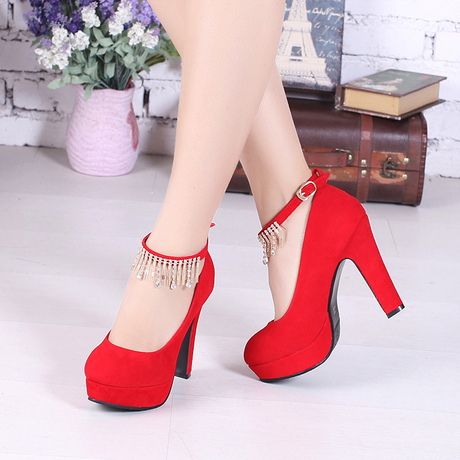 婚鞋女2016新款绑带红色高跟鞋水钻粗跟防水台春季新娘鞋敬酒婚纱