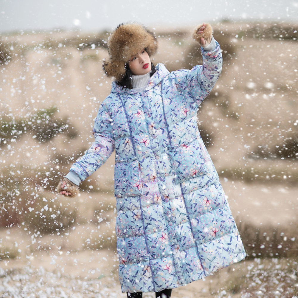 棉麻记2017冬装新款复古文艺连帽过膝印花长款加厚花色羽绒服女装