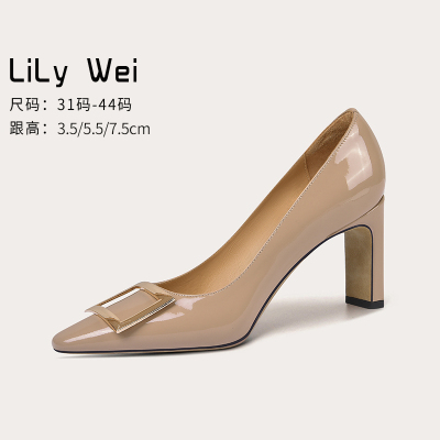 taobao agent Lily Wei French thick heel high-heeled shoes temperament high-end milk tea color square buckle small size women's shoes 313233 all-match