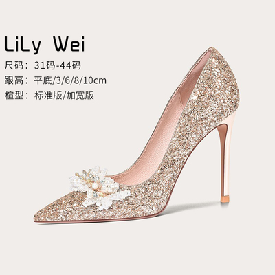 taobao agent Footwear pointy toe high heels, nail sequins, wedding shoes, champagne color, french style, plus size