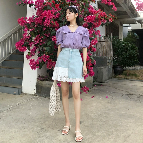 Летняя джинсовая юбка, мини-юбка, коллекция 2021, высокая талия, по фигуре, юбка из сетки