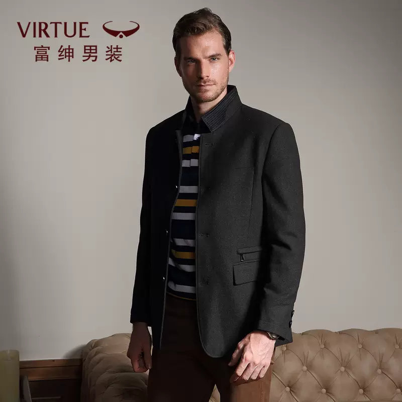 Virtue富绅 男式立领单排扣羊毛呢大衣 天猫优惠券折后￥113包邮（￥498-385）2色可选