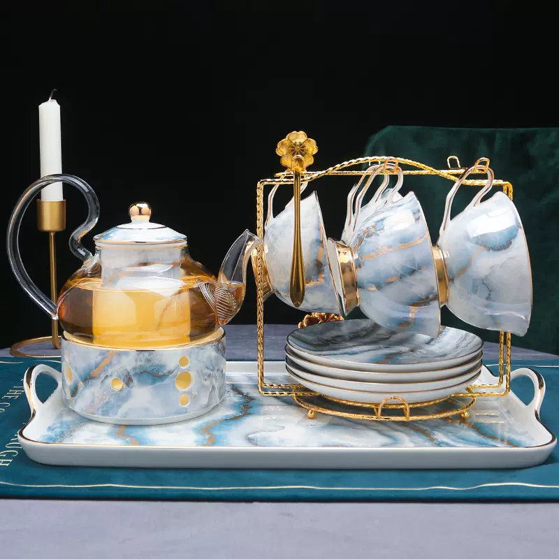 轻奢水果茶壶套装英式泡花茶壶茶杯加热蜡烛煮茶炉欧式下午茶茶具