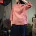 21 mùa xuân văn học và nghệ thuật vải lanh retro phụ nữ Trung Quốc phong cách quốc gia Trung Quốc nút chéo ngọc bích áo sơ mi lỏng lẻo hoang dã dài tay áo sơ mi - Áo sơ mi Áo sơ mi