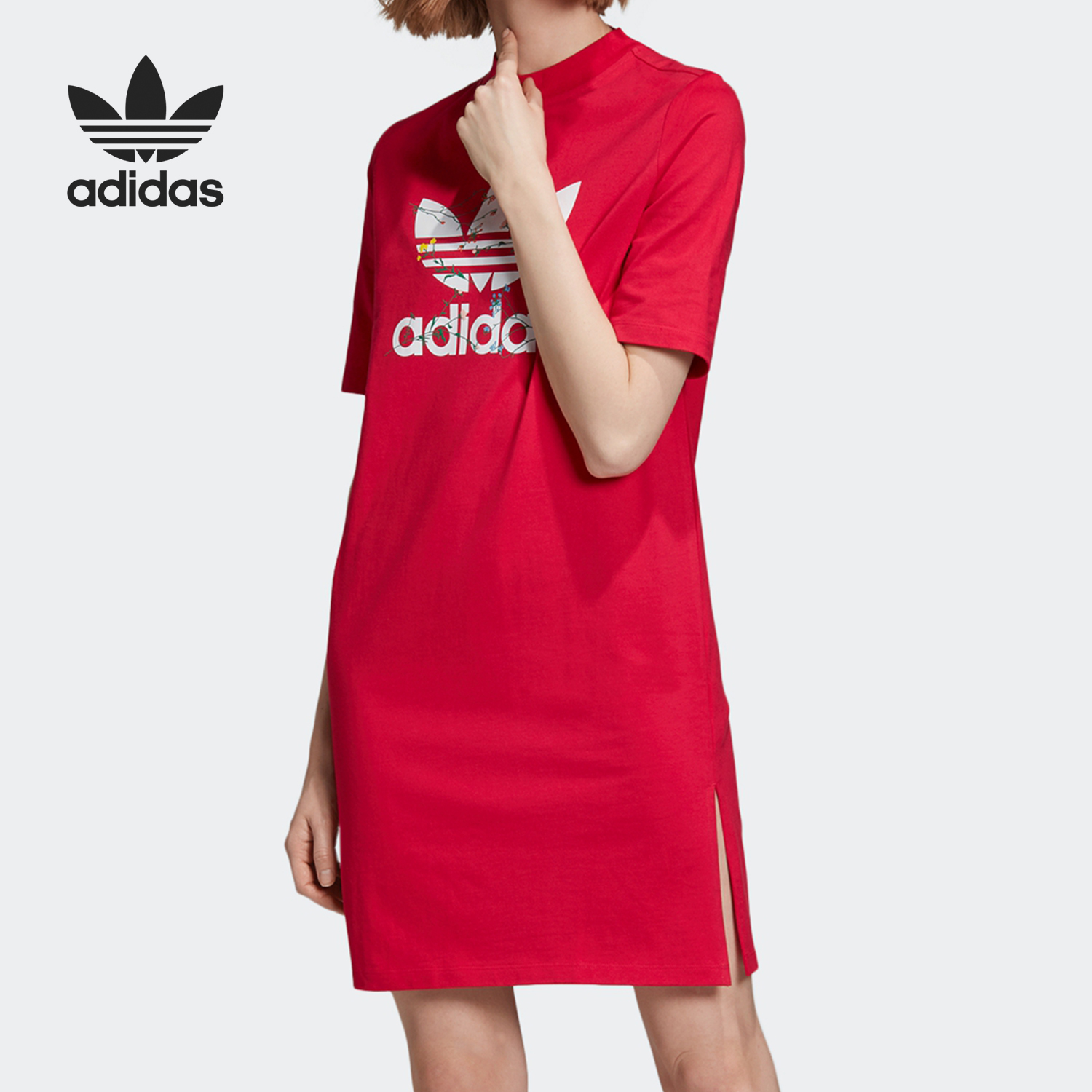 Adidas/阿迪达斯正品2021三叶草女子短袖缎面休闲连衣裙FN2783