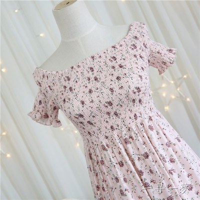 taobao agent Cute dress, fresh thin summer mini-skirt, open shoulders, flowered, high waist, 2018