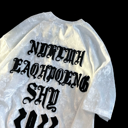 Tide, трендовая летняя бархатная шелковая футболка с коротким рукавом, в американском стиле, с вышивкой, оверсайз, изысканный стиль