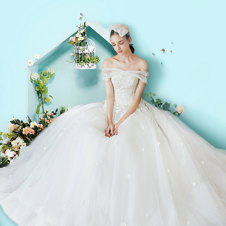 肩蕾丝长拖尾拖地婚纱  艾慕花蔓冬季婚纱礼服新娘拖尾2016新款一字肩