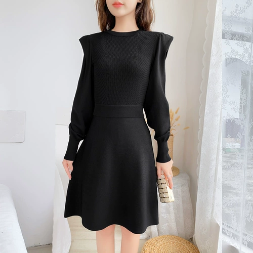 Осеннее трикотажное платье, черная демисезонная юбка, 2021 года, длинный рукав, французский стиль, с рукавом