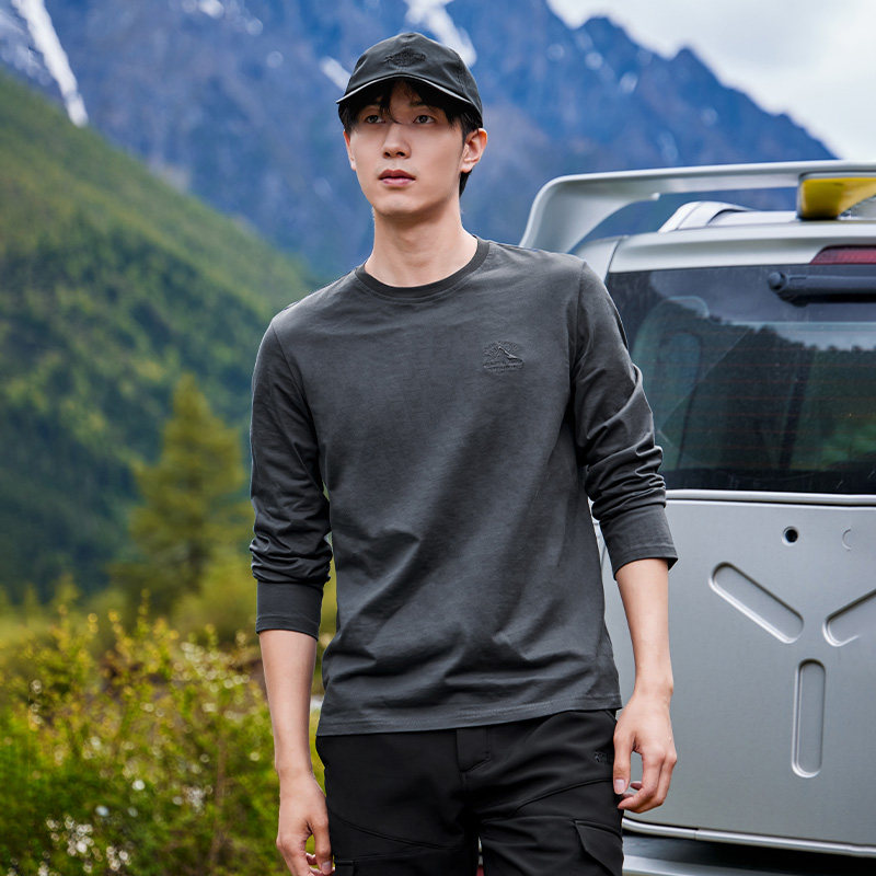 拓路者纯棉长袖t恤男款秋季圆领套头打底衫休闲上衣绣花纯色内搭