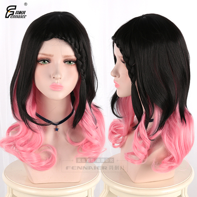 taobao agent Fenny Loreta girl fake hair black mixed pink side braid cos daily wig