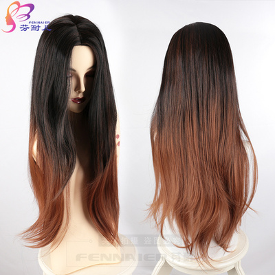 taobao agent Fenny Euer European and American black brown hybrid gradient long straight hair Divided scalp ladies realistic foreign trade wig spot