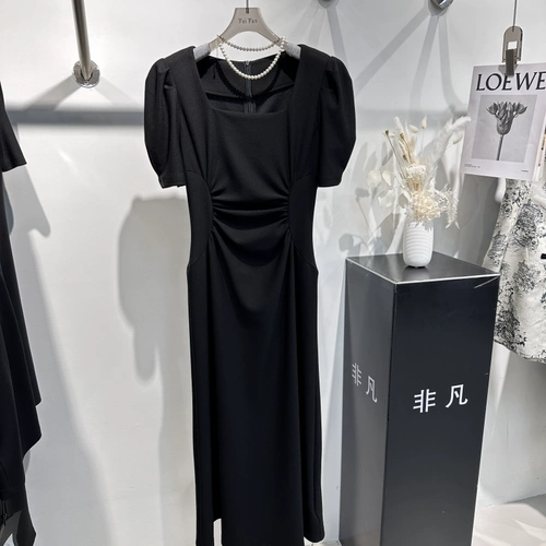 Платье, летний черный приталенный корсет, дизайнерская длинная юбка, короткий рукав, средней длины