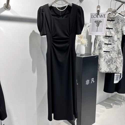 Платье, летний черный приталенный корсет, дизайнерская длинная юбка, короткий рукав, средней длины