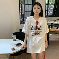 Японская хлопковая длинная футболка с коротким рукавом для отдыха, оверсайз, средней длины