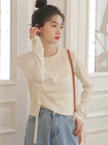 Приталенный лонгслив, осенняя короткая футболка, трикотажный свитер, жакет, в корейском стиле, по фигуре