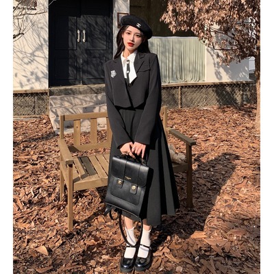 taobao agent Black set, dress with sleeves, plus size, autumn, french style, fitted, long sleeve