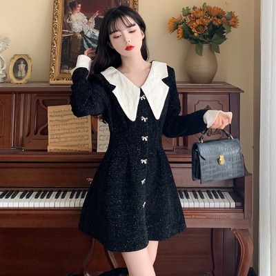 taobao agent Black doll, dress with sleeves, fitted brace, mini-skirt, plus size, french style, doll collar, long sleeve