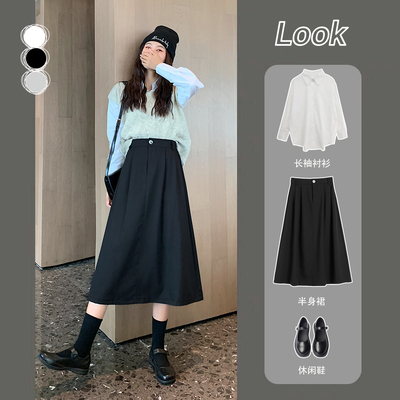 taobao agent Autumn retro fitted long black umbrella, pleated skirt, plus size, mid-length, A-line
