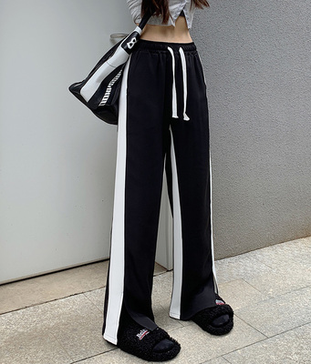 taobao agent Large -size autumn contrasting sports pants fat mm high waist high -waisted thin pear -shaped figure female pants casual straight tube wide -leg pants