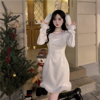 taobao agent Christmas demi-season white knitted dress, plus size, 2021 collection, square neckline