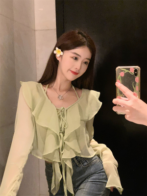 taobao agent Autumn shiffon top, set, plus size, french style, V-neckline, long sleeve