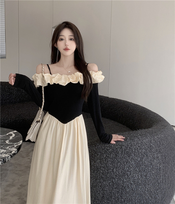 taobao agent Autumn dress with sleeves, fitted long brace, plus size, open shoulders and long sleeves, french style, maxi length